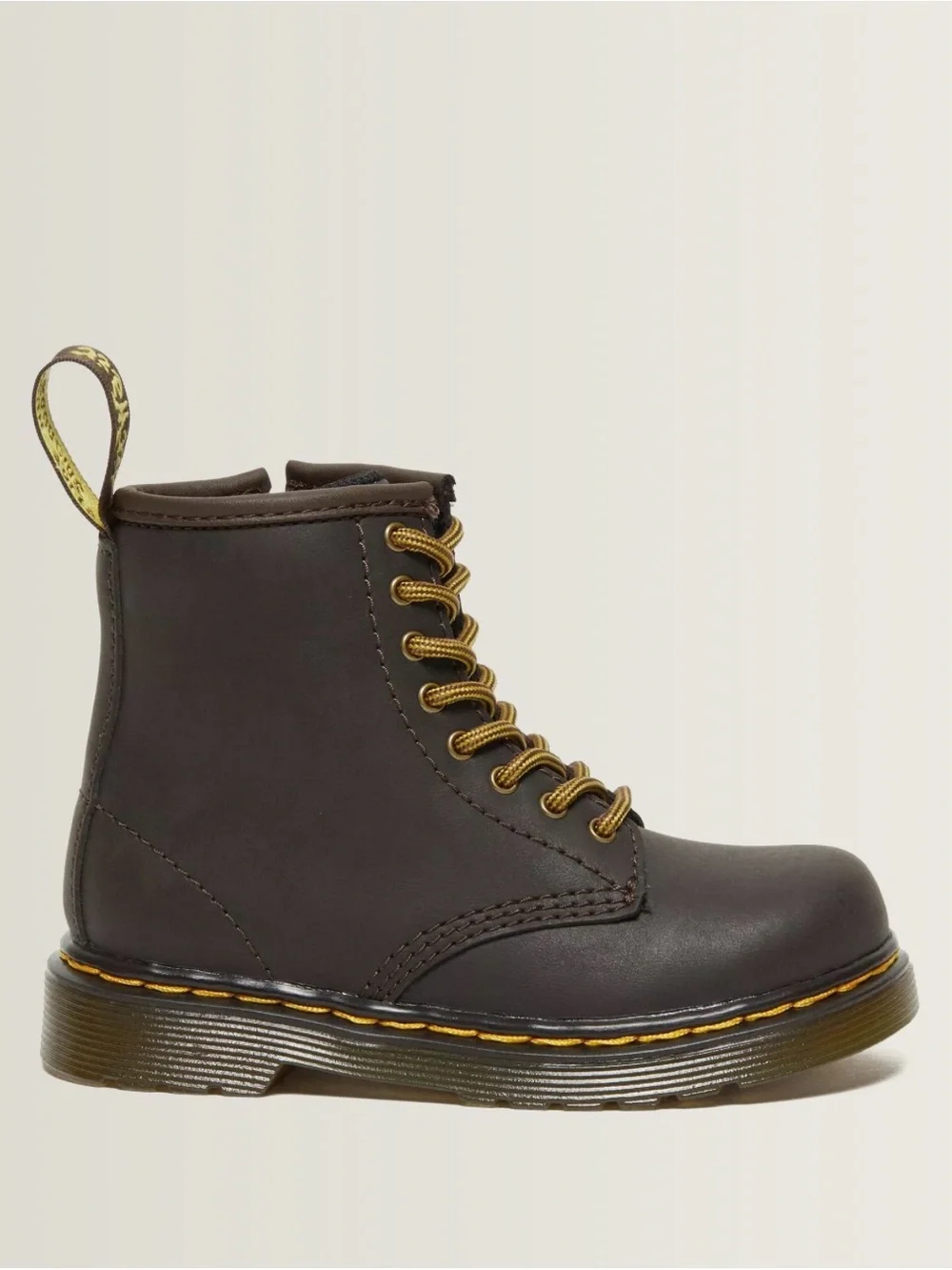 Dr. Martens Toddler Dark Brown Leather Lace-Up Boots with Yellow Stitching. New